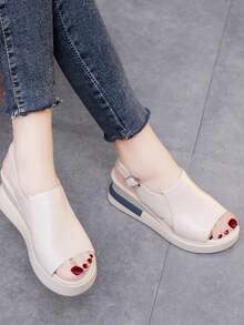 Sandalias de cuña de suela gruesa para mujer, color liso, sencillas y elegantes. - Blanco - Ver 3