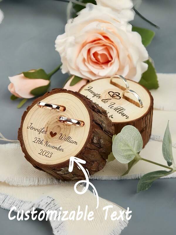 1pc Customized Wooden Double Slot Ring Box, Carved Wooden Ring Box For Wedding Ceremony, Anniversary Gift, Valentine's Day Gift, Back To School Birthday Gift