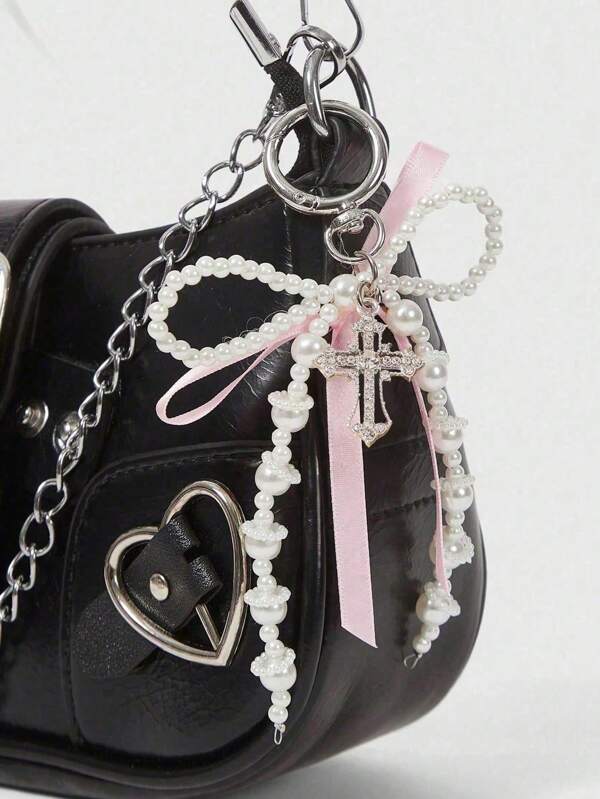 Y2k Pink Ribbon Bow Pearl Diamond Cross Pendant Keychain, Exquisite Girly Bag Charms, Cute Bag Charms For Girls, Students And - Beautiful Accessories For Backpacks, Wallets, Mobile Phones, Gift Bags And Daily School Use, Can Also Be Given As Gifts To Friends, Birthday Gifts, Teacher's Day Gifts, Back To School Season.Teacher's Day Gift Car Accessories Goth
