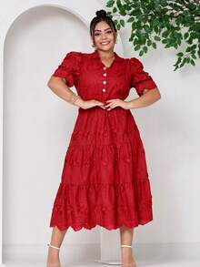 Women's Midi Dress With Embroidered Laise, All-Over Print, Embroidery, Button, Ruffle, Gathered, Formal And Evening - Wine 3d - View 1