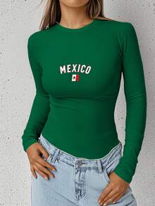 Mexico Flag Bold Lettering Women's Fashion Long Sleeve Shirt - 綠色 - 查看 1