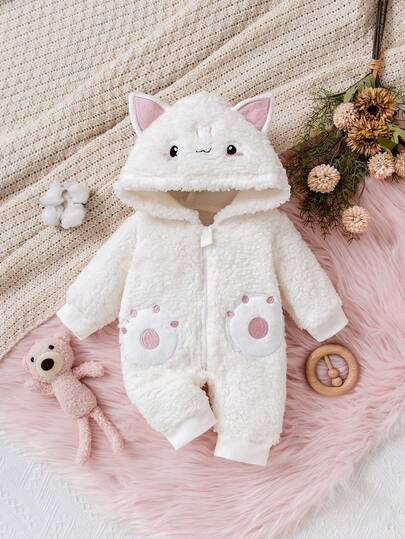 1 Stück Baby Mädchen Langarm Kapuzen-Romper, süßes Katzen Design, Doppelreißverschluss, modischer Stil geeignet für Neugeborene