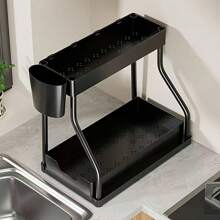 2-Tier Sliding Drawer Plastic Material Sink Organizer Rack, Multifunctional Kitchen & Bathroom Storage Solution, Black Sink Organizer And Cabinet