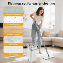 Household Cleaning Mop And Bucket Set, Hands-Free Flat Mop, 64" Adjustable Extension Handle With 3 Replacement Mop Heads, Wet And Dry Mop Set, Washable Microfiber Pads For Kitchen, Bathroom, Bedroom And Living Room Floors, Floor Cleaning System - White - View 3