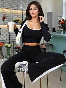 Traje de dos piezas para mujer: Tops, pantalones largos, deportes, yoga, ocio, fiestas, escuela, compras - Negro - Ver 1