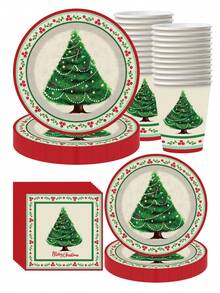 10pcs Christmas Party Disposable Tableware Set, Christmas Tree Disposable Tableware Includes: Paper Plate, Dessert Plate And Napkin, Perfect For Christmas Party Decoration