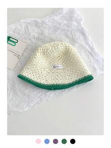 1 件女士绿色草帽，夏季沙滩帽，户外防紫外线透气镂空编织渔夫帽，宽边遮阳帽，百搭渔夫帽，大头围，黑色针织帽， - 草帽 - 查看 6