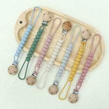 〈Paquete de 4〉 Clip chupete con dentición, Portachupetes en forma de corazón para bebé, abrazadera de silicona + madera, clip para cochecito como regalo para baby shower, artículos esenciales de viaje (Opciones de 1/4 piezas) - Multicolor - Ver 3