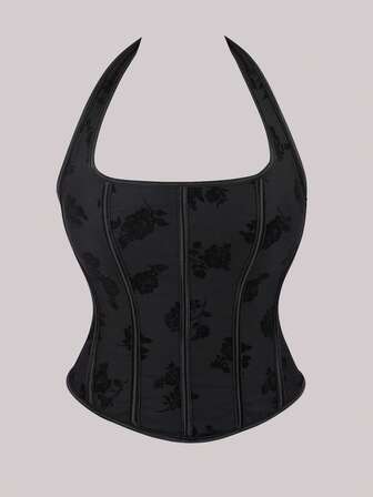 Plus Size Floral Lace Up Corset Top Slim Sexy Halter Women Corsets Holiday Fashion Shapewear Party Tops For Oktoberfestin Munich ,Halloween,Christmas,New Year