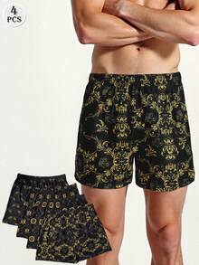 4pcs Men's Luxurious Printed Boxer Briefs Soft Elastic Waistband Breathable Trunks - Black - View 3