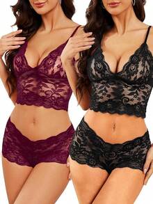 Floral Lace Lingerie Set High Waist Sleepwear Bra And Panty 2 Piece Nightwear 2025 Back-To-School Season Fall Pjs - 酒紅色 - 查看 1