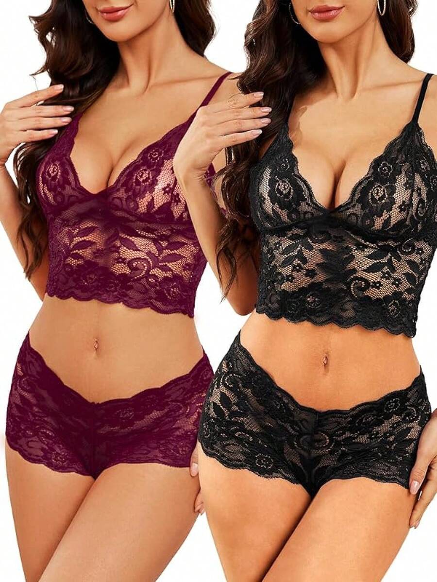 Floral Lace Lingerie Set High Waist Sleepwear Bra And Panty 2 Piece Nightwear 2025 Back-To-School Season Fall Pjs - 酒紅色 - 查看 1