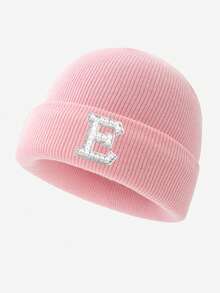 1pc Women's Fashion 26 Faux Pearl Letter Decor Elastic Warm Knit Hat, Outdoor Cold-Proof Cap, Suitable For Autumn/Winter Daily Wear, Matching, Great Gift Autumn Accessories - Pink - View 5