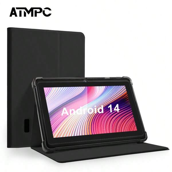 Tablet Android 14 de 7 polegadas ATMPC, equipado com 2GB de RAM DDR, 32GB de ROM, 3500mAh, processador Quad Core, tela IPS 1024X600, câmera frontal de 30 pixels e traseira de 200 pixels, Wi-Fi 802.11 b/g/n 2.4g, PC, equipado com quatro capas de couro anti-queda coloridas