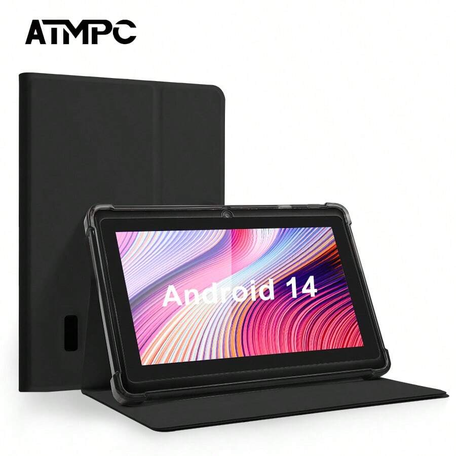 Tablet Android 14 de 7 polegadas ATMPC, equipado com 2GB de RAM DDR, 32GB de ROM, 3500mAh, processador Quad Core, tela IPS 1024X600, câmera frontal de 30 pixels e traseira de 200 pixels, Wi-Fi 802.11 b/g/n 2.4g, PC, equipado com quatro capas de couro anti-queda coloridas