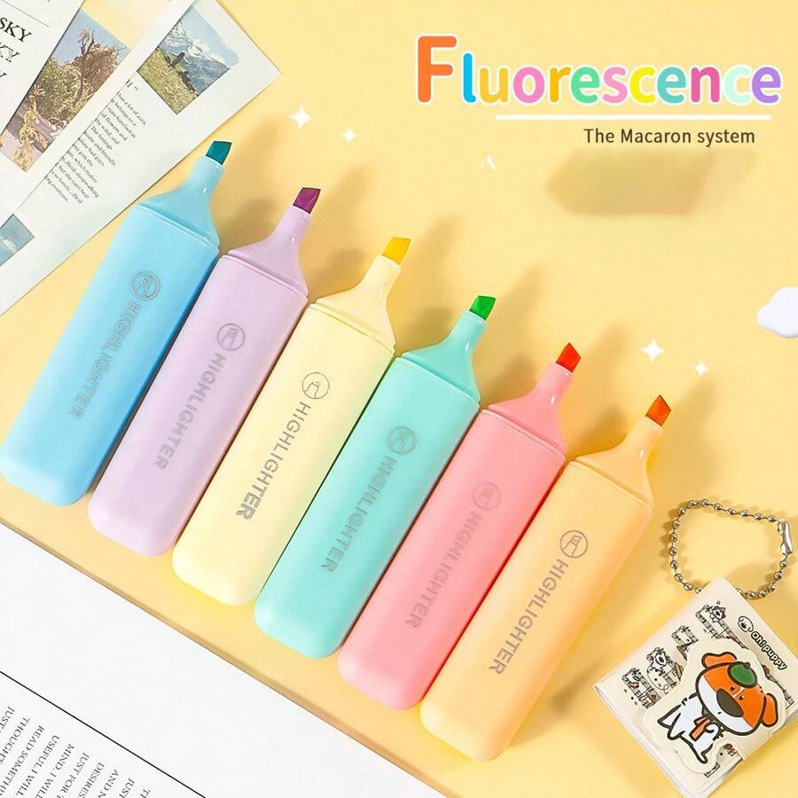 6-Piece Fluorescent Highlighter & Marker Set | Pastel Macaron Hues | Smooth-Flowing For Drawing, Marking & Note-Taking | Vibrant & Soft Colors For School, Office & Creative Use,For School Supplies,Back To School