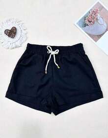 Women's Short Linen Shorts With Elastic Waistband - Black - View 1