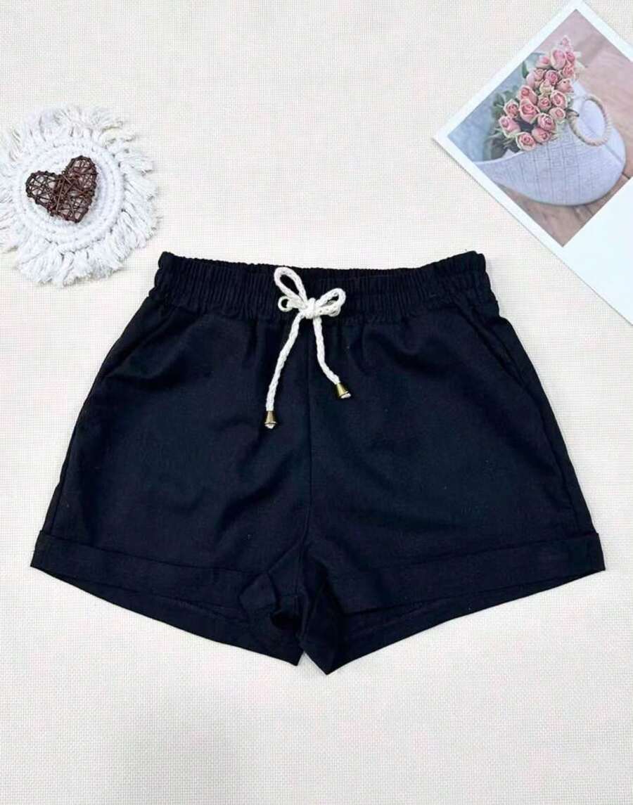 Women's Short Linen Shorts With Elastic Waistband - Black - View 1