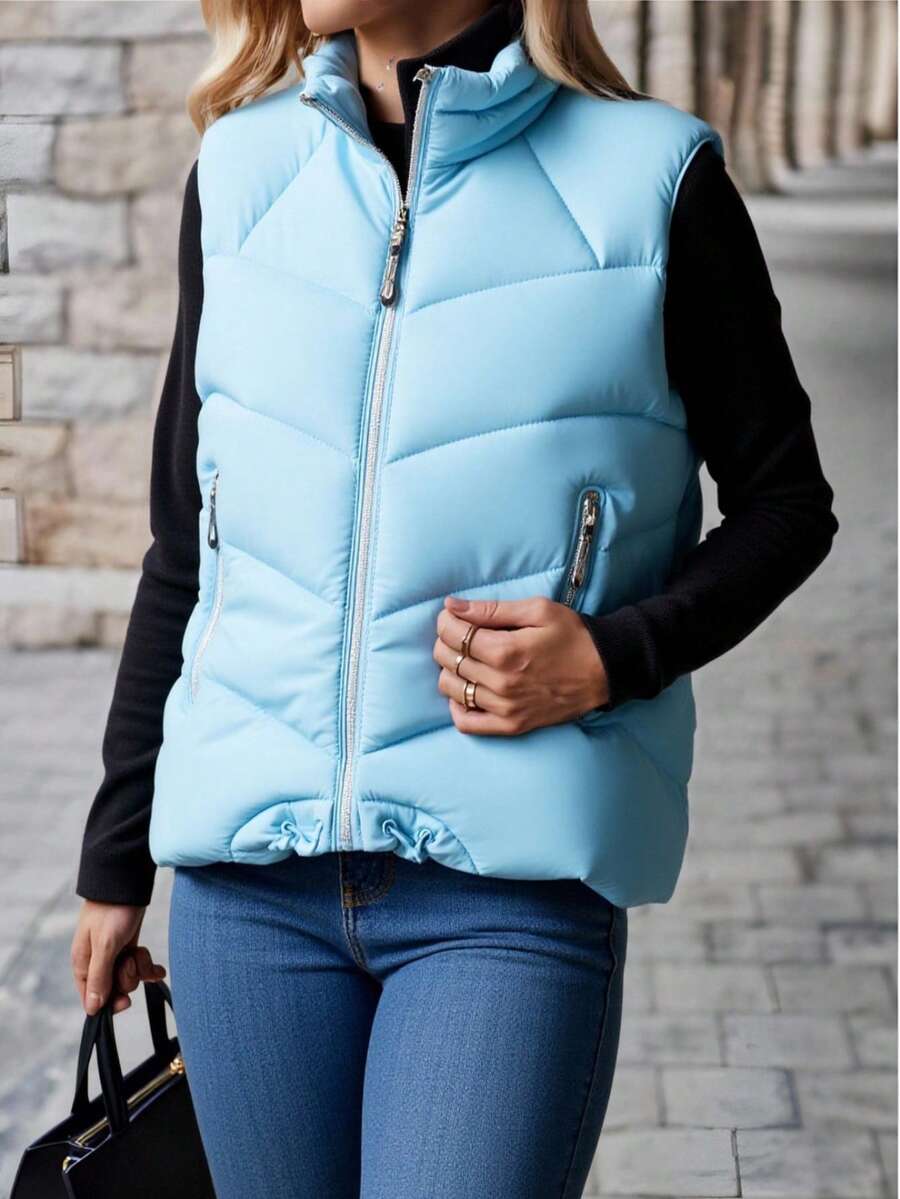 Chaleco dama mujer afelpado calentita casual moda zipper dos bolsillos laterales día noche calle diario calor frío primavera verano invierno evento fiesta festival jardín comida cómodo - Azul - Ver 1