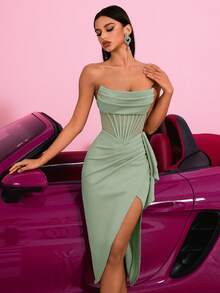ADYCE Elegant Strapless Hollow Lotus Leaf Ribbon With Front Slit Backless Midi Party Dress For Prom Birthday Party Evening Date Homecoming Party Wedding Guest Cocktail Reception Family Festival, Valentine's Day - Light Green - View 1