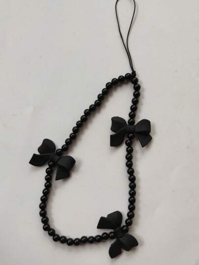 1pc Black Minimalist Handmade Beaded Bow Lanyard, Versatile For Phone Case, Bag, Earphones, Camera