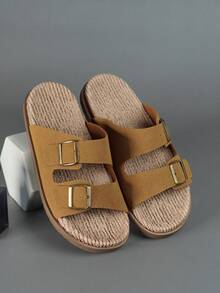 DISARCON 新款夏季男士凉鞋，高端/时尚/百搭/商务/大码男鞋，金属双扣设计，可调节经典复古拖鞋，适合户外休闲度假，防滑/透气/耐用/沙滩拖鞋，室内外浴室家居拖鞋，四季皆宜 - 棕色 - 查看 7