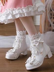 Platform Sweet Bow  Ankle Boots For Women Lace Goth Chunky Mid Heel Boots With Pearl Comfort Lace Up Princess Booties - trắng - Xem 9