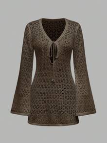 春夏新款女式优雅透视长袖钩针短款罩衫连衣裙，系带腰带针织连衣裙，V 领沙滩裙，适合派对、日常穿着 - 棕色 - 查看 2