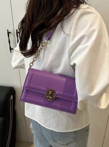 复古纯色金属锁扣翻盖腋下女士单肩包，设计简约 - 紫色 - 查看 2