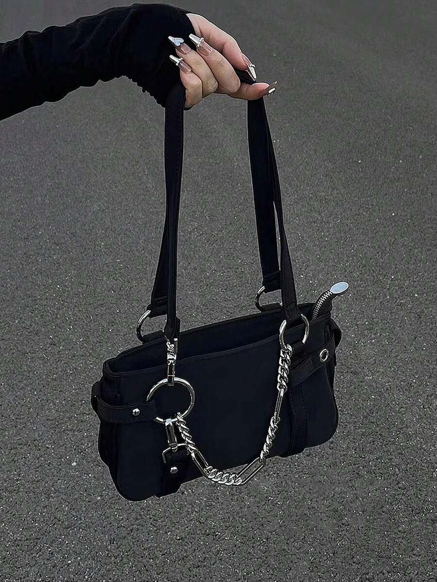 新款小众辣妹链条包，机车腋下包，高端单肩手提包，法棍包 - 黑色 - 查看 1