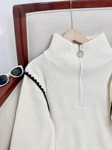 Half-Zip High Neck Patchwork Knit Sweater, Loose Design Casual Pullover Top - White - View 4