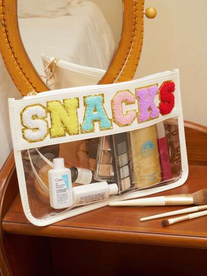 Joivida 时尚零食收纳袋，户外旅行化妆包，便携式女士手拿包收纳袋，字母印花化妆包，PVC防水便携式化妆品收纳袋洗漱包夏季海滩度假旅行必备品假期学校用品宿舍必备品返校用品