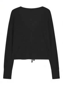 Hollow V-Neck Knit Cover Up, Lightweight Shawl Collar Drawstring Cover-Up - Black - View 3