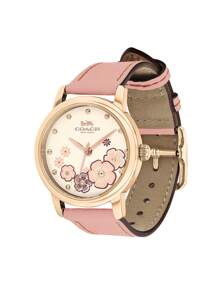 Coach Women's Pink Leather Strap Quartz Wrist Watch with Camellia Pattern Dial Watch Gold-tone Round Case Watch Elegant Dainty Ladies Watch - 粉色 - 查看 11