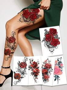 4张花朵临时纹身贴女士红玫瑰纹身防水假纹身贴纸适合所有节日派对