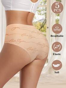 MEIYATING 5pcs/Pack Women's Seamless Ribbed Low-Rise Fashionable Printed Comfortable Panties