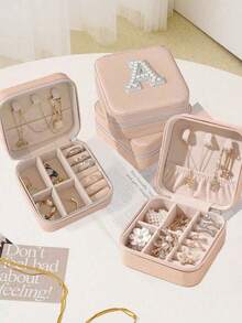 1 Diy Travel Jewelry Box, Personalized Gift - Travel Jewelry Box Birthday Gift Women Christmas Gift Teenagers Gift First Choice A Travel Jewelry Box With Initials A-Z Pearl Cloth Sticker Travel Jewelry Box - Pink - View 4