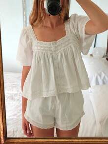 Women Lace Trim Cardigan Shirt Short Sleeve Button Down Ruffle Hem Blouse Summer Boho Tops Y2K Vintage Going Out Tops - White - View 6