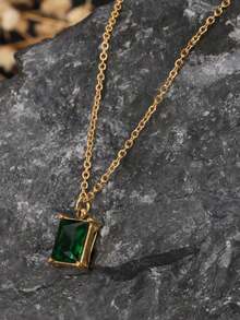1件不锈钢长方形绿色锆石吊坠，人造玉石，适合女士参加派对和日常佩戴 - 金色 - 查看 4