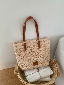 Letnia, świeża i delikatna koronkowa torba typu tote, wydrążona, swobodna, pojemna torebka do pracy i dojazdów