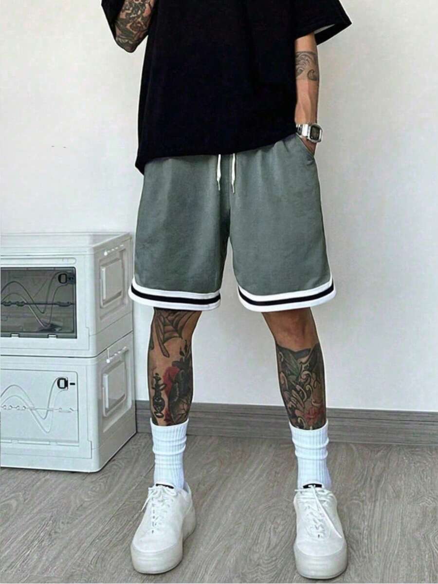 男士运动户外篮球短裤，透气打孔面料，弹性腰带配抽绳，跑步健身短裤，黑白撞色滚边 - 灰色 - 查看 1