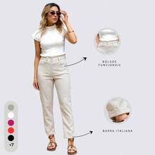 Women's Tailored Linen Trousers, High Waist - Beige - View 10