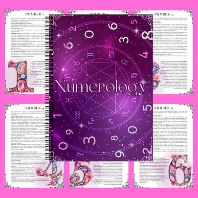1 件数字命理与占星符号笔记本 - 复古手册，包含十二星座、塔罗牌和水晶、能量与数字命理入门指南、复古神秘符号和行星插图、紫色封面配金色装饰、神秘日记 | 占星术主题 | 金色装饰