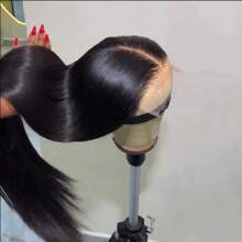 34 英寸无胶蕾丝前假发，巴西原生发，200% 密度直发蕾丝前假发，含婴儿头发，自然黑色混合真人发，预拔，预剪，高清蕾丝闭合假发，混合真人发，无胶，可戴可戴，200% 密度蕾丝前假发，含婴儿头发 - 自然色&黑色系 - 查看 3