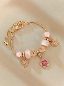 1pc Fashionable Rose Gold Beaded Bracelet, Hollow Carved Heart Charm With Rhinestone Embellishment Valentines,Mom,Mother,Mother's Day,Gift