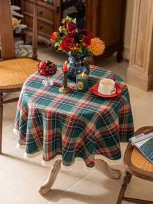 Cirelle 1pc Round Christmas Tablecloth, Classic Red & Green Plaid, Suitable For Christmas, Weddings, Parties And Other Dining Table Decor