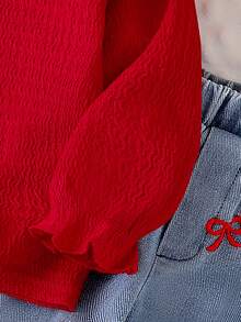 2pcs Baby Girl Casual Solid Color Ruffle Trim Long Sleeve Top And Butterfly Embroidered Elastic Waist Denim Pants Outfit, Spring/Autumn