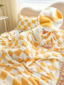 1 件黄色格子图案柔软舒适毛毯，适用于家居装饰、床、沙发、办公室、房间、宿舍，可机洗 - 黃白色 - 查看 9