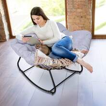 Outdoor Rattan Rocking Chair, Patio Comfy Reading Chair With Oversized Cushion, Indoor Recliner Wide Rocking Chair For Balcony, Front Porch, Garden, Living Room - Grey - View 3