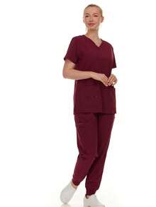Soft Stretch Scrub Set – 4-Way Stretch - V-Neck Top & Cargo Jogger Pants For Women, Available In Multiple Colors, Lightweight & Wrinkle-Resistant - 酒紅色 - 查看 5